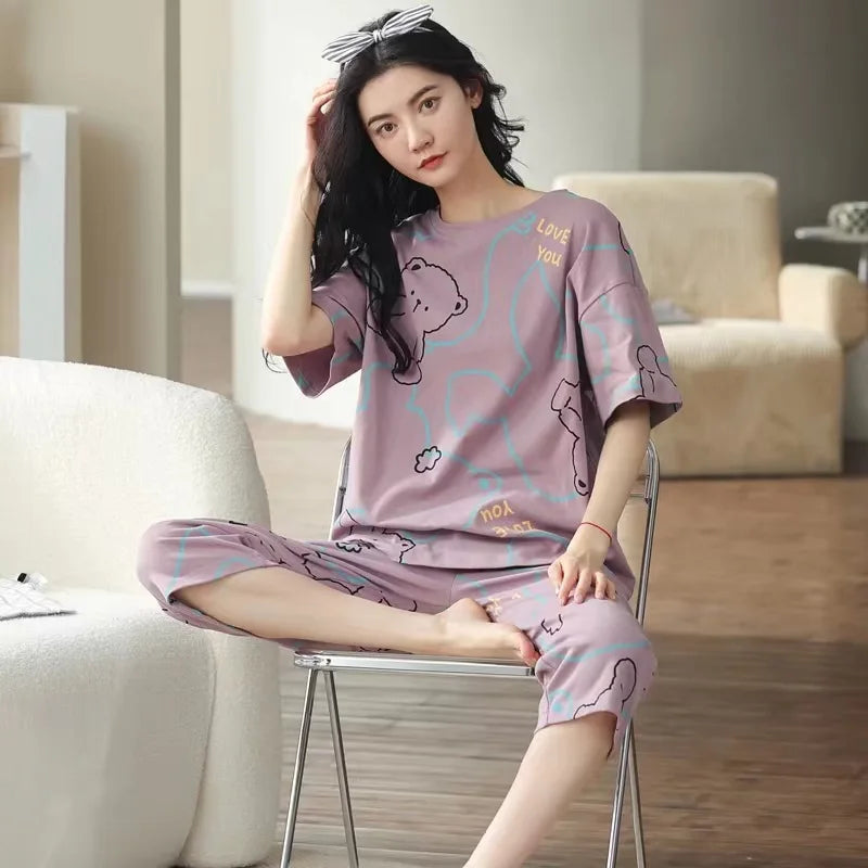 Women's Summer Pyjamas: Short-Sleeved Top and Cropped Trousers, Plus Size, Boho-Chic Checked Set, Loungewear, Women's Underwear
