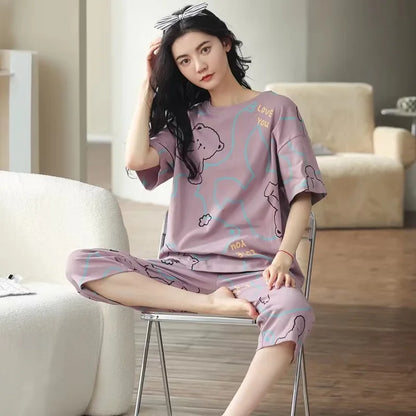 Women's Summer Pyjamas: Short-Sleeved Top and Cropped Trousers, Plus Size, Boho-Chic Checked Set, Loungewear, Women's Underwear