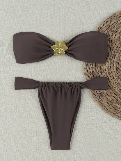 Bandeau Push-Up Bikini - Sexy Two Piece Swimsuit with Brazilian Thong & Button Detail
