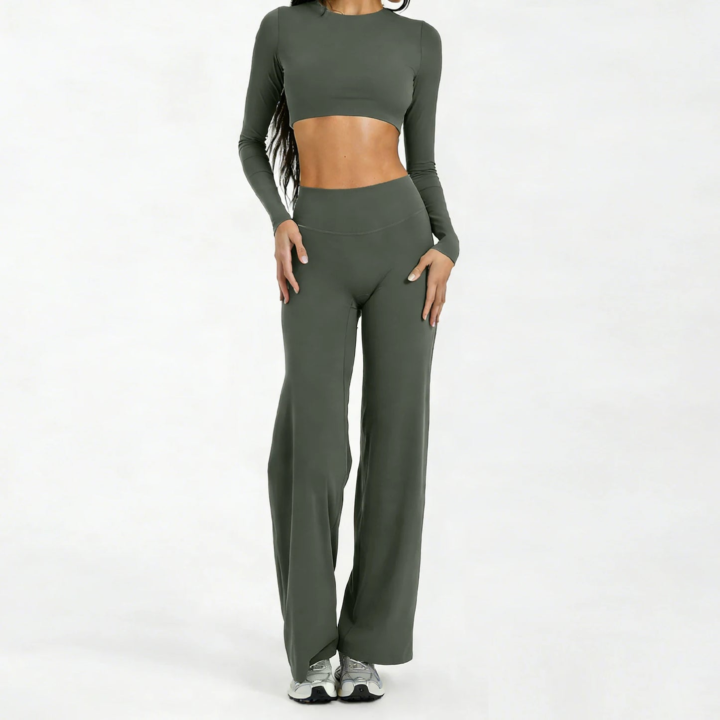 Running Sportswear Women 2 Piece Set Short Cropped Long Sleeve Top Straight Leg Yoga Pants Breathable Quick Dry Gym Suit