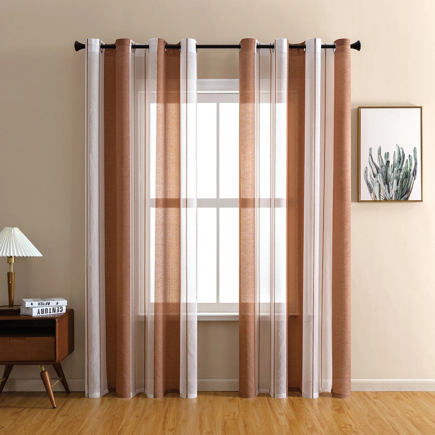Striped Sheer Curtains | Soft Voile Fabric Semi Sheer Drapes - Eyelet Panels for Office & Home