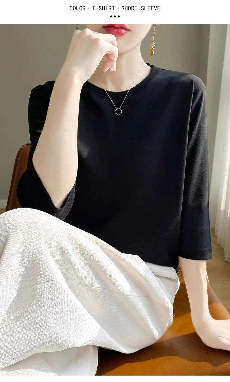 Summer Cotton Short-Sleeved T-Shirt Women's Round Neck Seven-Point Sleeves Loose Mercerized Cotton Half-Sleeve Shirt New T-shirt