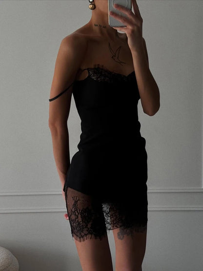 Lace Trim Sling Dress - Sleeveless Slim Fit Mini Dress With Natural Waistline