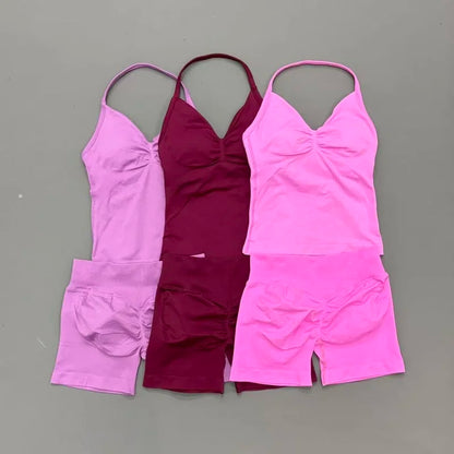 2Pcs HISTELLO Yoga Set Women Halter Tank Top Scrunch Butt Lifting Shorts Ruched Anti Chafe Quick Dry Gym Workout Sports Set