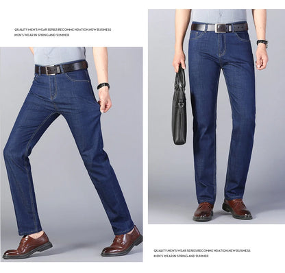 Summer New Elastic Men's Jeans Fashion Comfortable Business Straight Stretch Cotton Casual Denim Pants Brand Male Thin Trousers