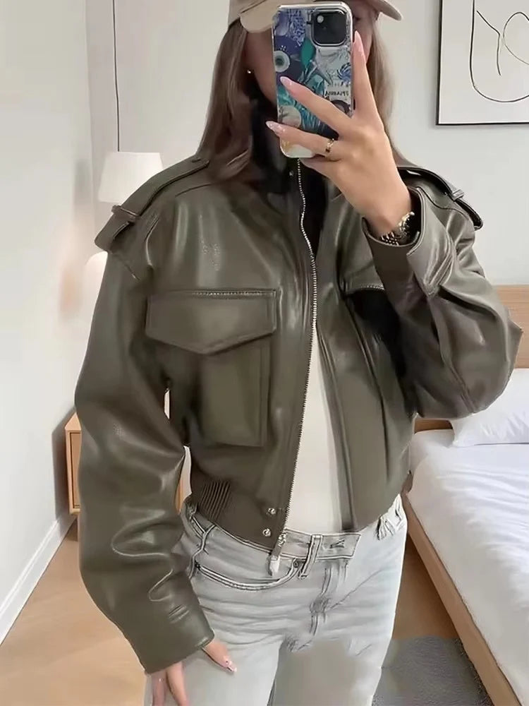 Faux Leather Jackets - Women's Casual Zipper Outerwear Coats With Turtleneck Collar