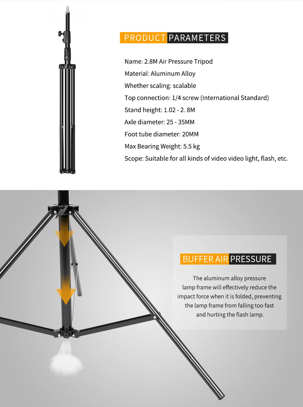 Stainless Steel Tripod 2.8m Heavy Duty Light Stand With 1/4, 3/8 Conversion Head for Studio Softbox Photographic Equipment