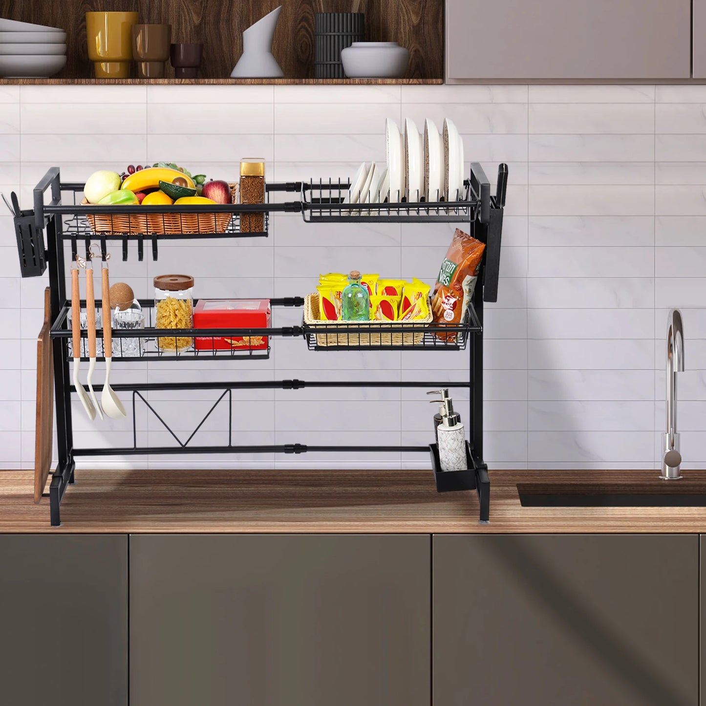 Stretchable 2-Tier Kitchen Sink Storage Rack - Multifunctional Dish Organizer - ZOOMNSTORE