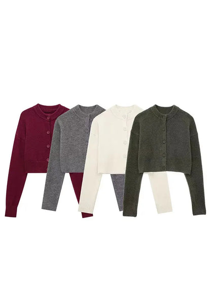 HH Women Cropped Knit Cardigan Sweater Single Breasted Long Sleeve O Neck Coat Elegant Solid Outerwear Female Chic Top