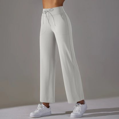 Women Leggings Wide Leg Flare Pants With Pockets Drawstring Sports Trousers High Waist Flared Yoga Leggings Fitness Running Jogg