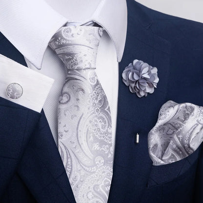 Luxury Mens Floral Black Gold Tie Set - Paisley Necktie Pocket Square Cufflinks  Brooch for Weddings and Parties