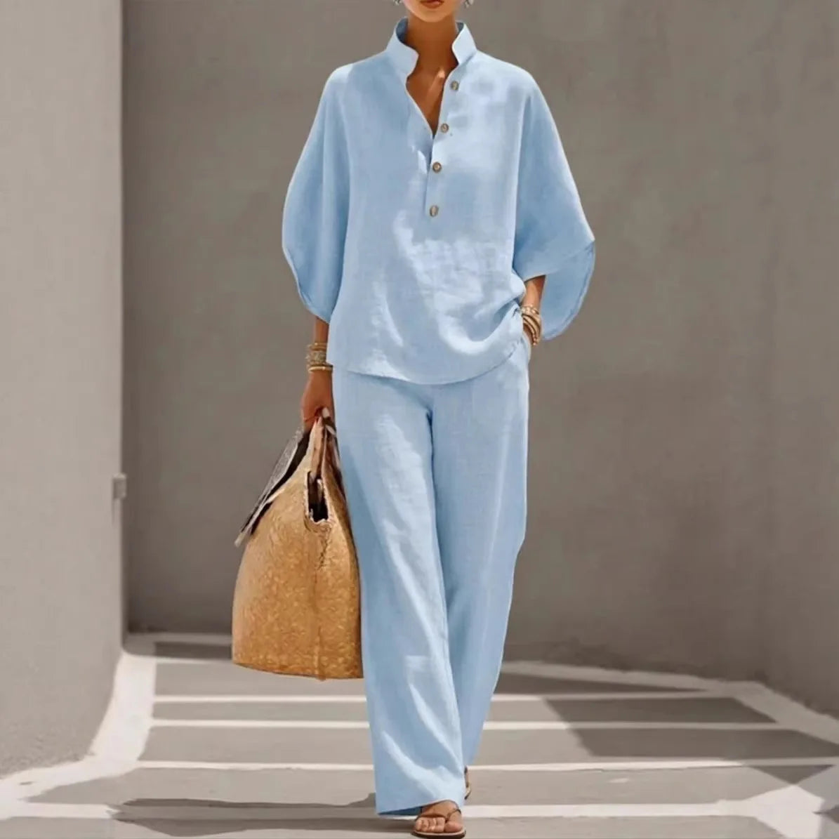 Fashion Cotton Linen  Pant Set  Women's Casual Stand Collar Button Top Wide Leg Trousers 2-piece Set Retro Female Office Suit