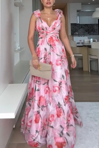 2025 Sexy Printed Chiffon Long Dress Summer Fashion Elegant V Neck Ruffles Edge Slim Vacation Sleeveless Backless Party Dresses