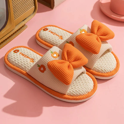 Ladies Summer Casual Linen Slippers Cartoon Multicolor Bow Girls Home Anti-Slip Slippers Simple Cute Slip-On Footwear