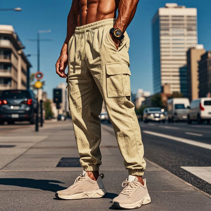 Men's Casual Cargo Pants - Cotton Linen Multi-Pocket Ankle-Length Trousers