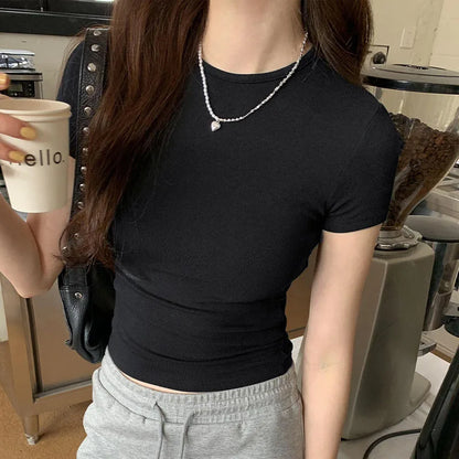 Basic Solid Crop Top Short Sleeve Crewneck Skinny T-shirt Summer Casual Tee for Women Y2K Vintage Top Harajuku Streetwear