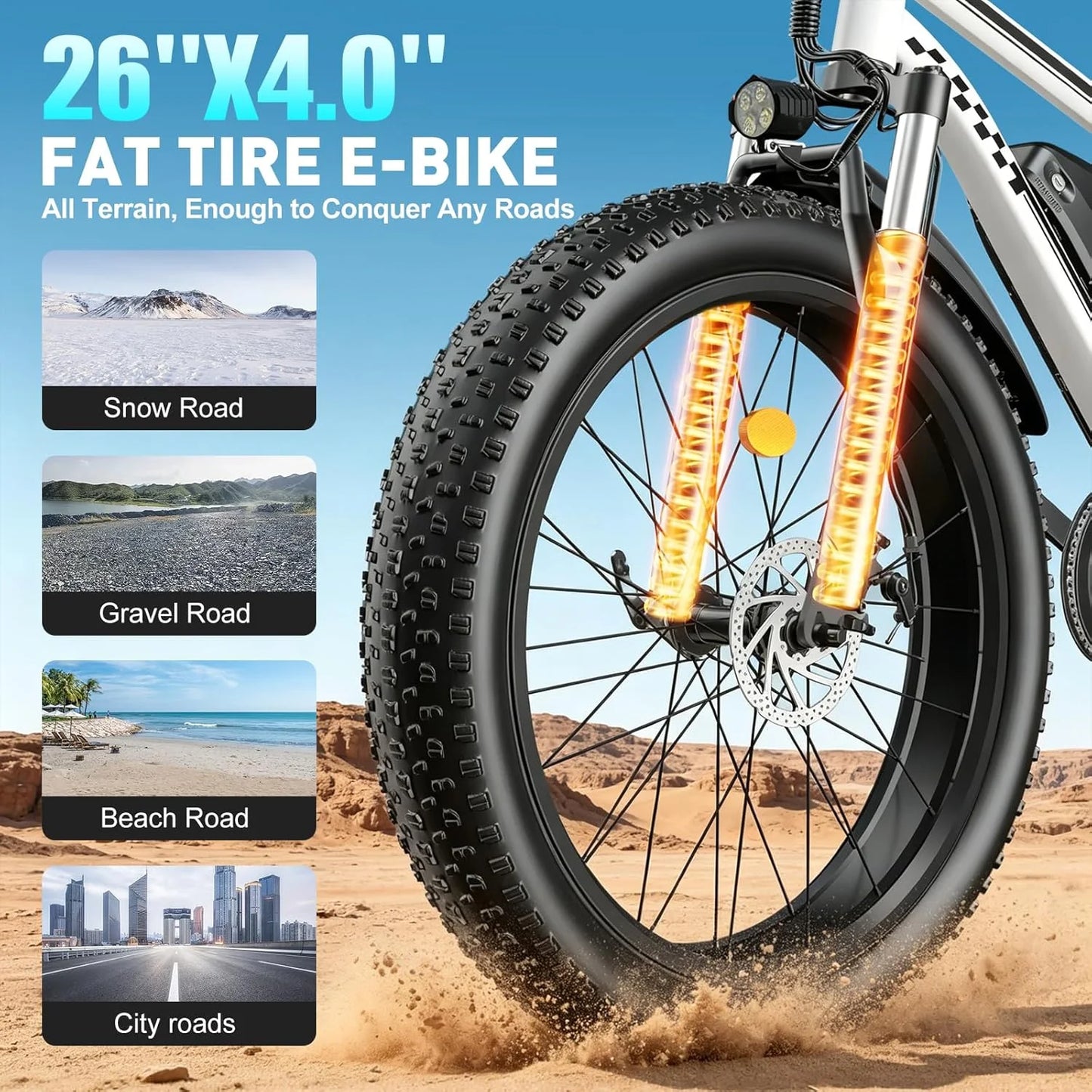 Electric Bike 1500W Peak Motor 30MPH 26x4'' Fat Tire E-Bike for Adults 48V/15Ah Battery 65 Miles Range Full Suspension 7-Speed Gears City Commuter