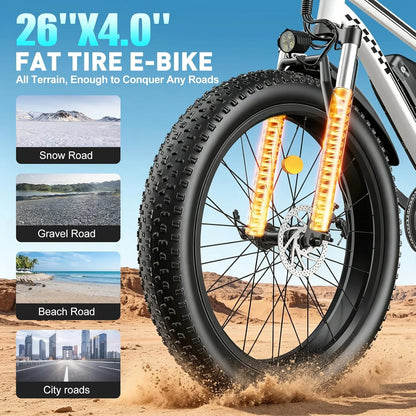 Electric Bike 1500W Peak Motor 30MPH 26x4'' Fat Tire E-Bike for Adults 48V/15Ah Battery 65 Miles Range Full Suspension 7-Speed Gears City Commuter