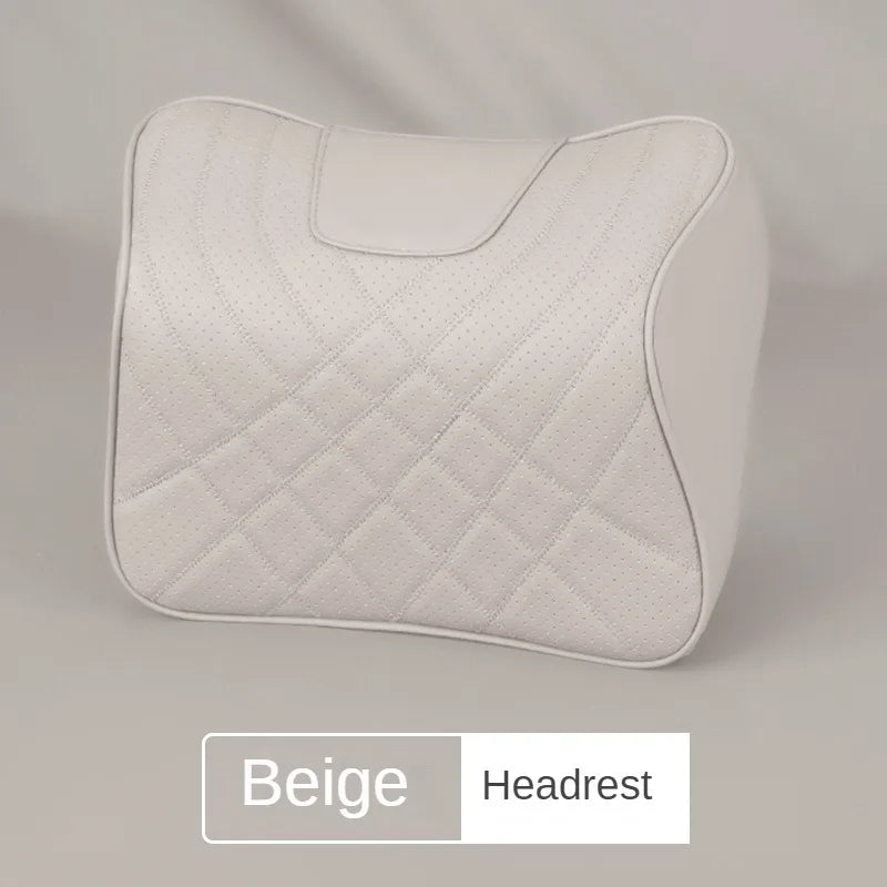 Car Headrest Pillow - Memory Foam Lumbar Support Cushion Set With Leather Cover