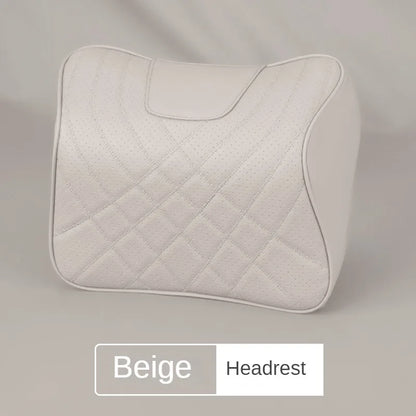 Car Headrest Pillow - Memory Foam Lumbar Support Cushion Set With Leather Cover