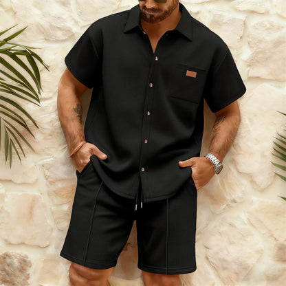 Summer New Men Waffle Knit Polo Solid Color Lapel Short Sleeve Cardigan Shirt Pocket Shorts Set Casual 2 Piece Outfit For Male
