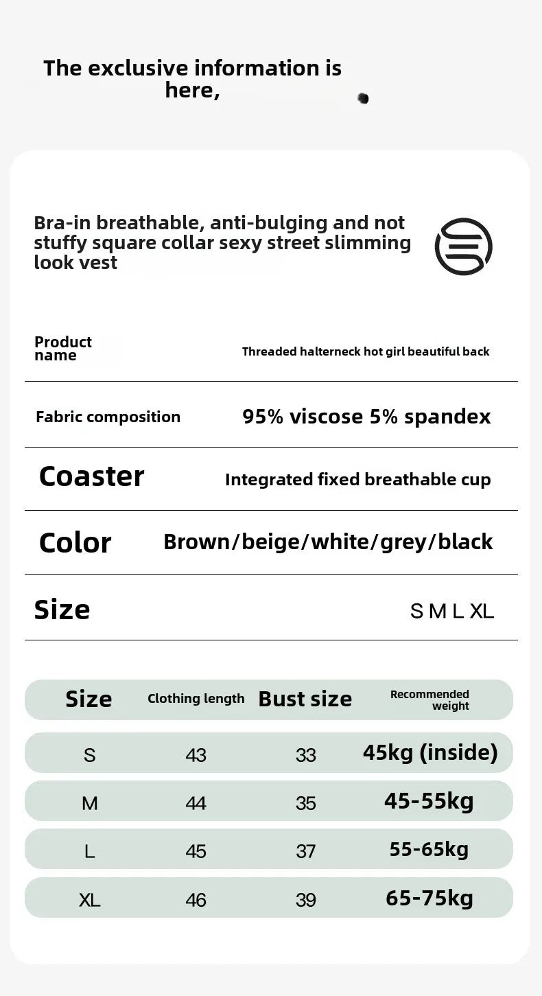 Threaded Halter Neck Camisole Top With Build-in Bra High Elastic Slim-fitting Sling Fixed Cup Breathable Women Underwear