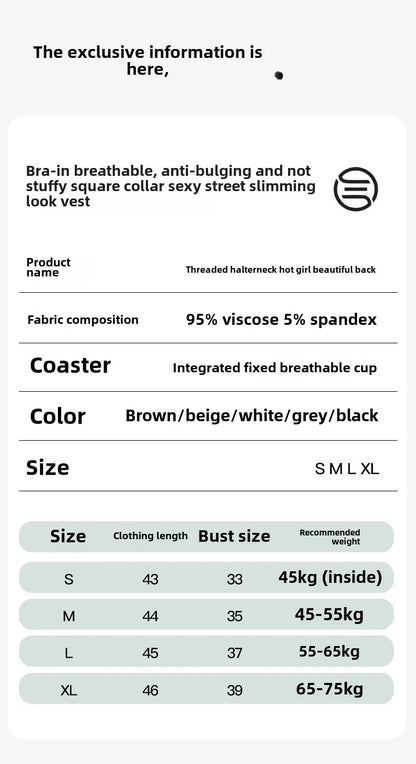 Threaded Halter Neck Camisole Top With Build-in Bra High Elastic Slim-fitting Sling Fixed Cup Breathable Women Underwear