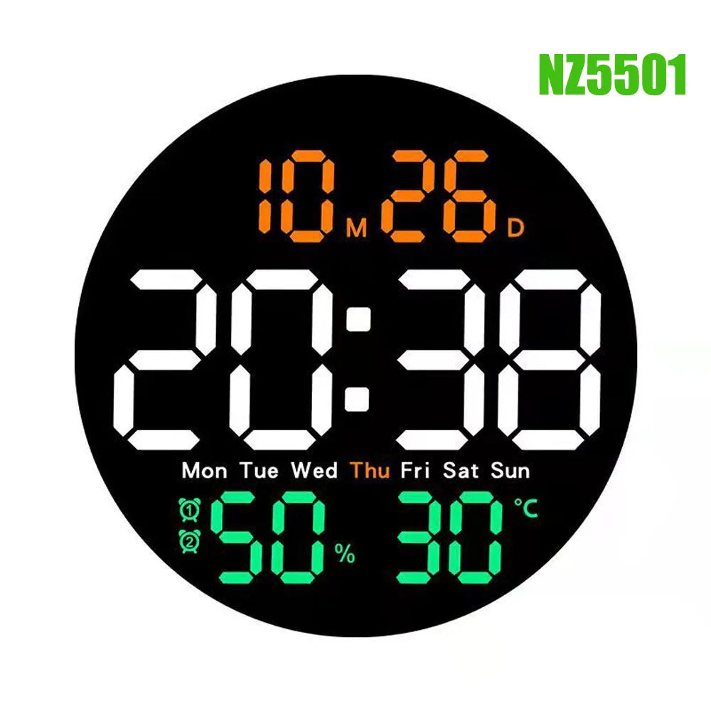 LED Wall Clock with Remote Control - Dual Alarms Calendar  Temperature Display Adjustable Brightness for Home Decor
