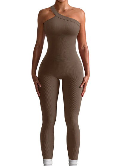 Women Yoga Jumpsuit – Ribbed One Shoulder Sleeveless Fitness One Piece, Breathable Activewear
