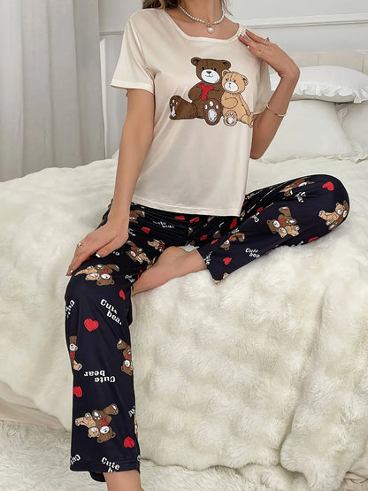 Standard Size Women's Four Seasons Spring and Summer Casual Loose Casual Cartoon Printed Short-Sleeved Shorts Women's Pajamas Set
