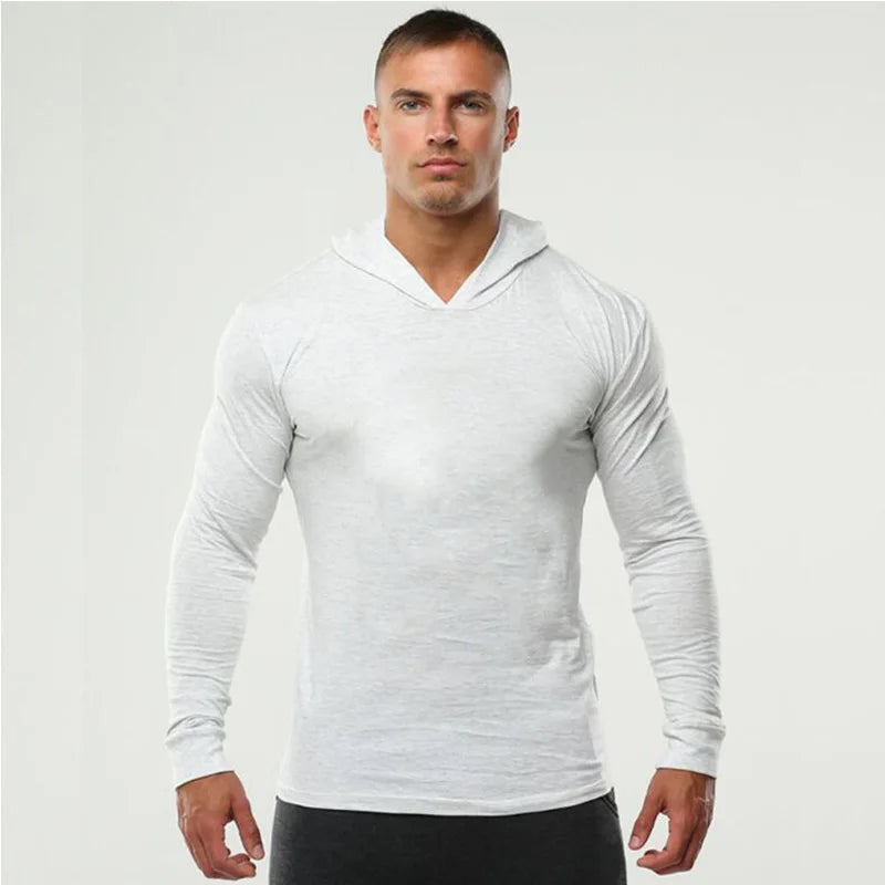 Solid Color Gym Clothing Long Sleeve Slim Fit Hooded T-Shirt Cotton Breathable Hoodie Mens Bodybuilding Fitness Muscle Sportwear