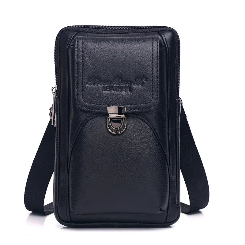 Men's Leather Messenger Bag - Multi-Functional Cowhide Chest Bag With Zipper Closure