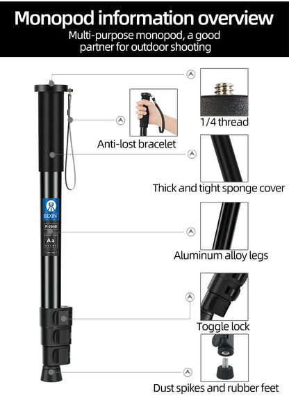 BEXIN Lightweight Monopod Aluminium DSLR Camera Tripod Camera Mount Adapter Support Monopod For Nikon Sony Camera