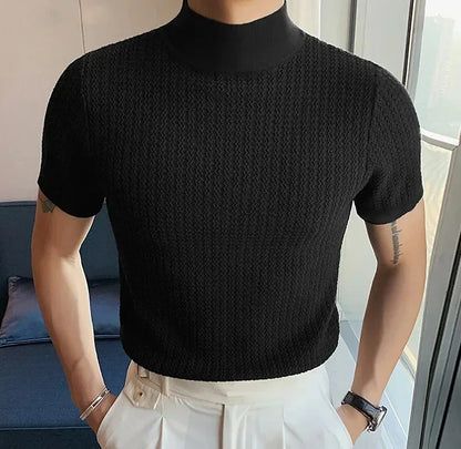 Men's High Neck T-Shirt – Casual Summer Knitted Base Tee | Breathable Polyester Top