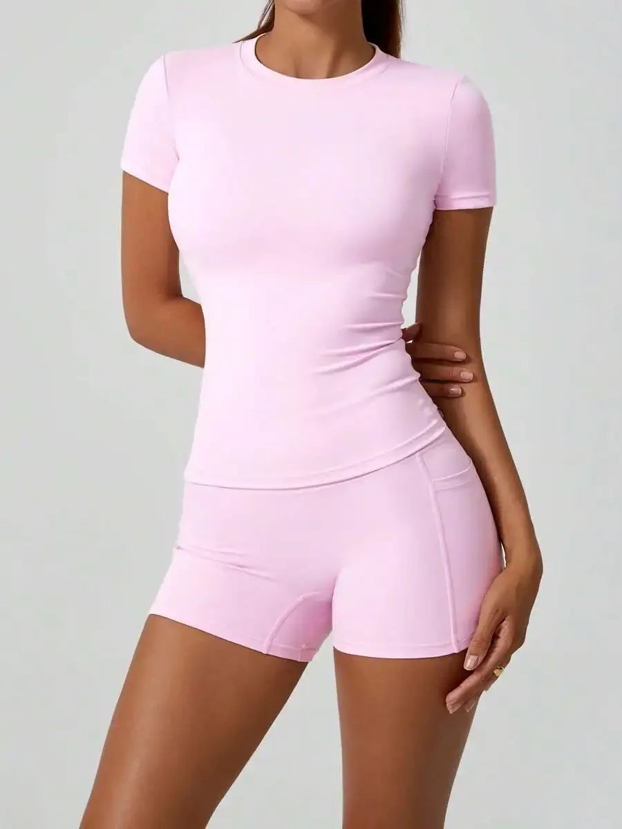 Women's Sweet Sports Short Sleeve High Waist Tummy Control Butt Lifting Shorts Set