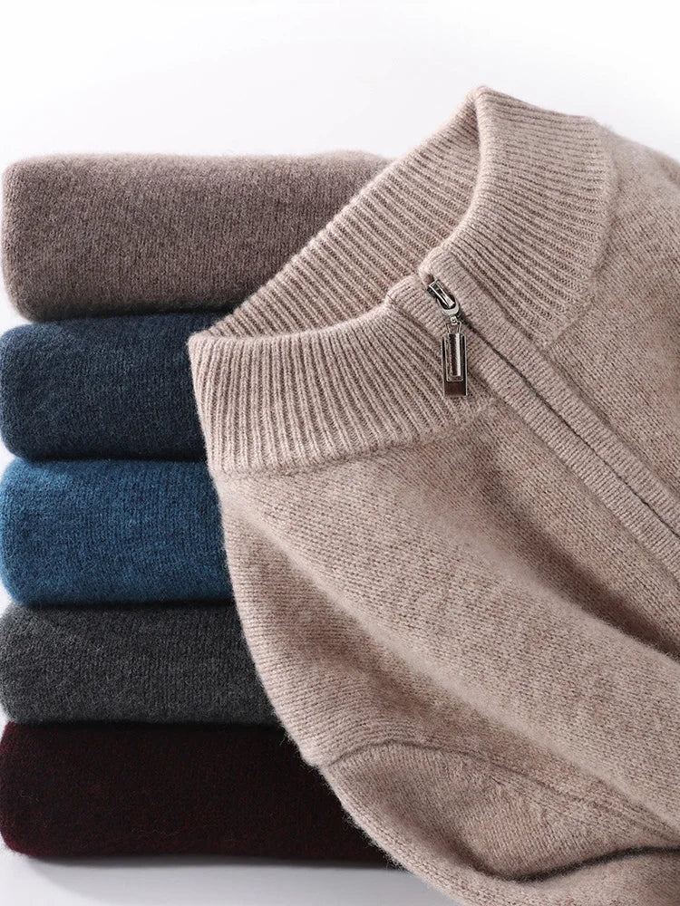 Men Mock Neck Zipper Sweaters 100% Merino Wool Pullover Casual Fashion Clothing Autumn Winter Thick Cashmere Knitwear Tops