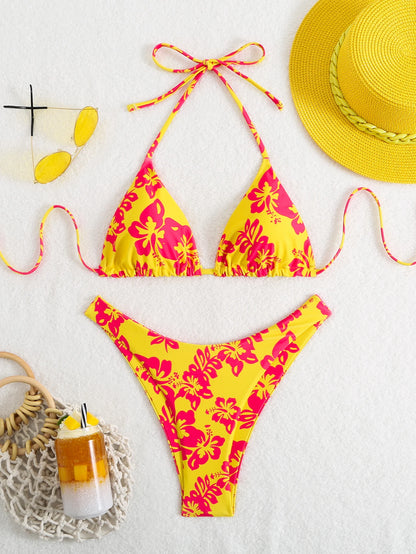 Retro Floral Bikini - High Waisted Lace Up Swimsuit | Summer Beachwear
