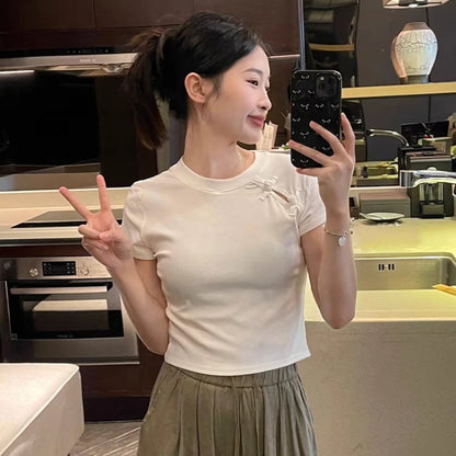 Chinese Style Summer T-shirts Women Crop Tops O-neck Gentle Buttons Soft Irregular Designed Short-sleeve Chic Pure College Retro