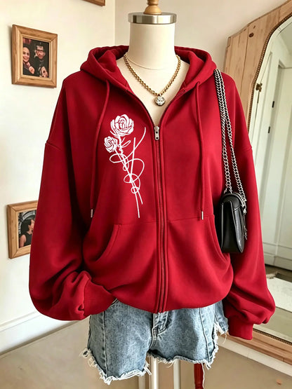 Roses And Positive Short Sentences Printing Zipper Hoodies Women Autumn Korean Hoodie Loose Pocket Sportswear Fleece Clothing