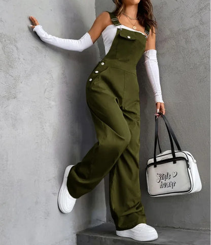 Retro Pocket Solid Color Straight Leg Utility Overalls Loose Fashion Casual Pants