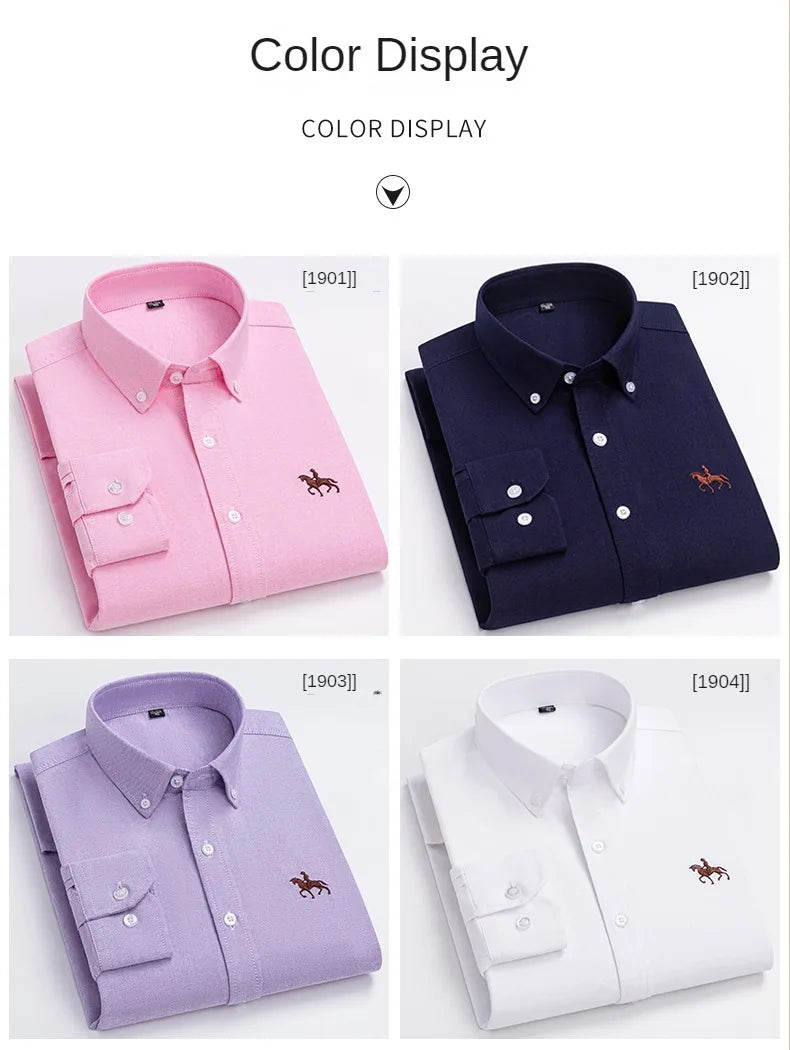 100% Pure Cotton Men's Long Sleeve Shirt Business Casual Solid Color Embroidered Oxford Spun Shirt