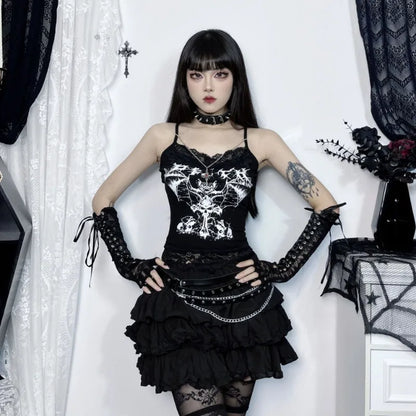 AltGoth Gothic Punk Camis Women Streetwear Harajuku Y2k Grunge Graphic Bat Printed Lace Patchwork Crop Tank Top with Chain Femme