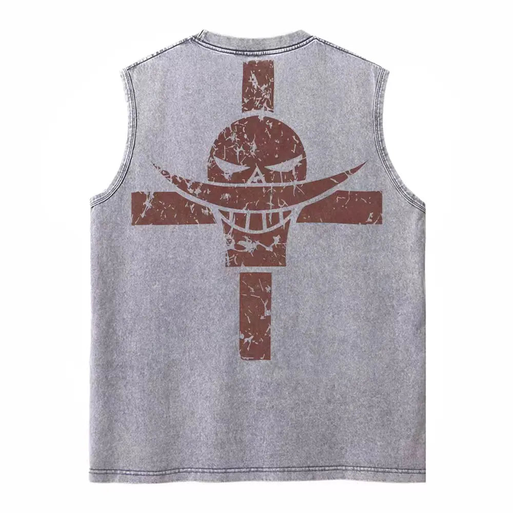Harajuku Retro Sleeveless T-Shirts Streetwear Vintage Washed Anime One Piece Graphic Print Men Vest Tops Tees Retro Oversize