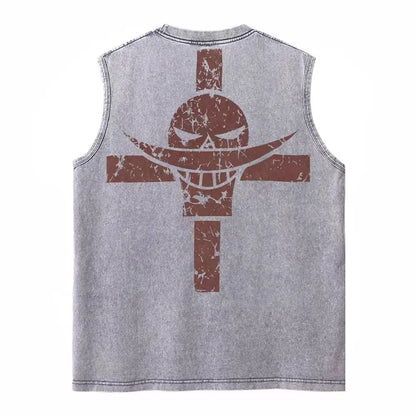 Harajuku Retro Sleeveless T-Shirts Streetwear Vintage Washed Anime One Piece Graphic Print Men Vest Tops Tees Retro Oversize