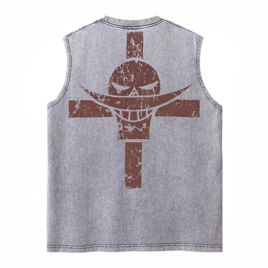 Harajuku Retro Sleeveless T-Shirts Streetwear Vintage Washed Anime One Piece Graphic Print Men Vest Tops Tees Retro Oversize