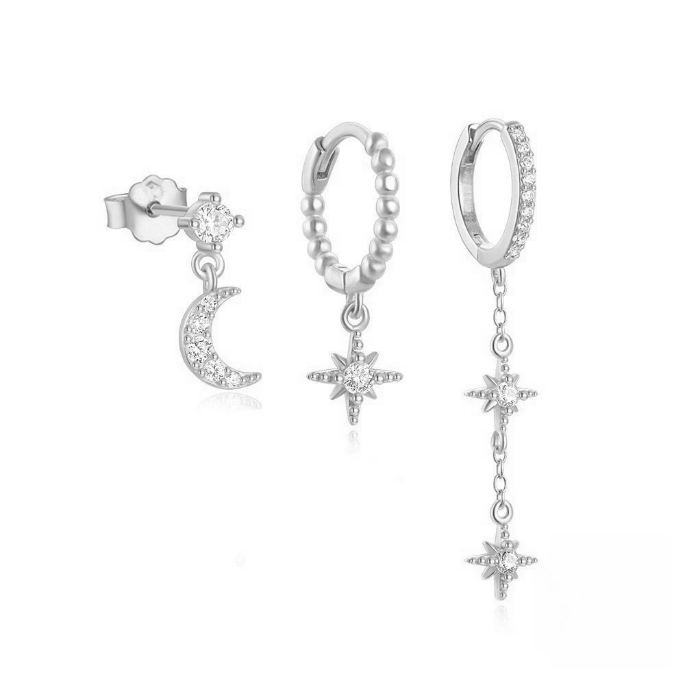 Square Zirconia Hoop Earrings Set – 3 Pairs, Stainless Steel