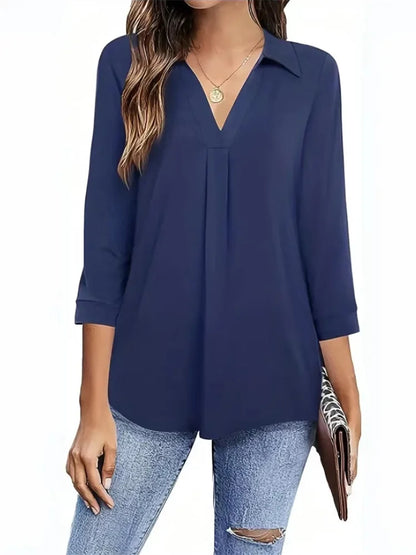 Ladies' spring and summer style shirt, ladies' casual style, loose V-neck, three-quarter sleeve, pure color loose top, DF5012