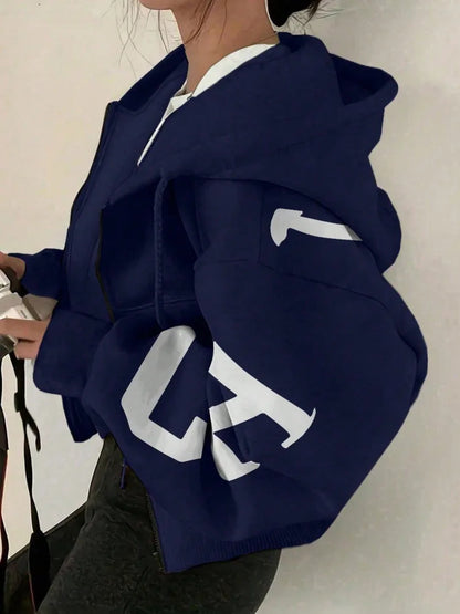 Women Y2K Crop Zip Up Hoodie Letter Print Oversized Long Sleeve Hooded Sweatshirt Casual Streetwear Short Jacket Outerwear