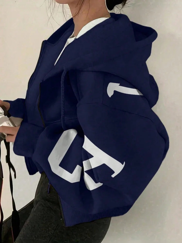 Women Y2K Crop Zip Up Hoodie Letter Print Oversized Long Sleeve Hooded Sweatshirt Casual Streetwear Short Jacket Outerwear