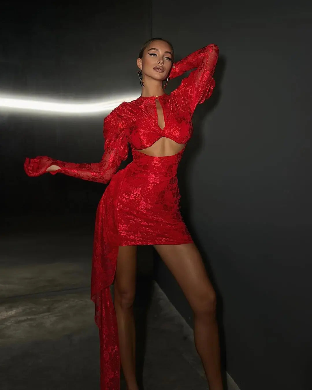 Sexy Bodycon Mini Dress - Red White Draped Women's Party Dress With Full Sleeve